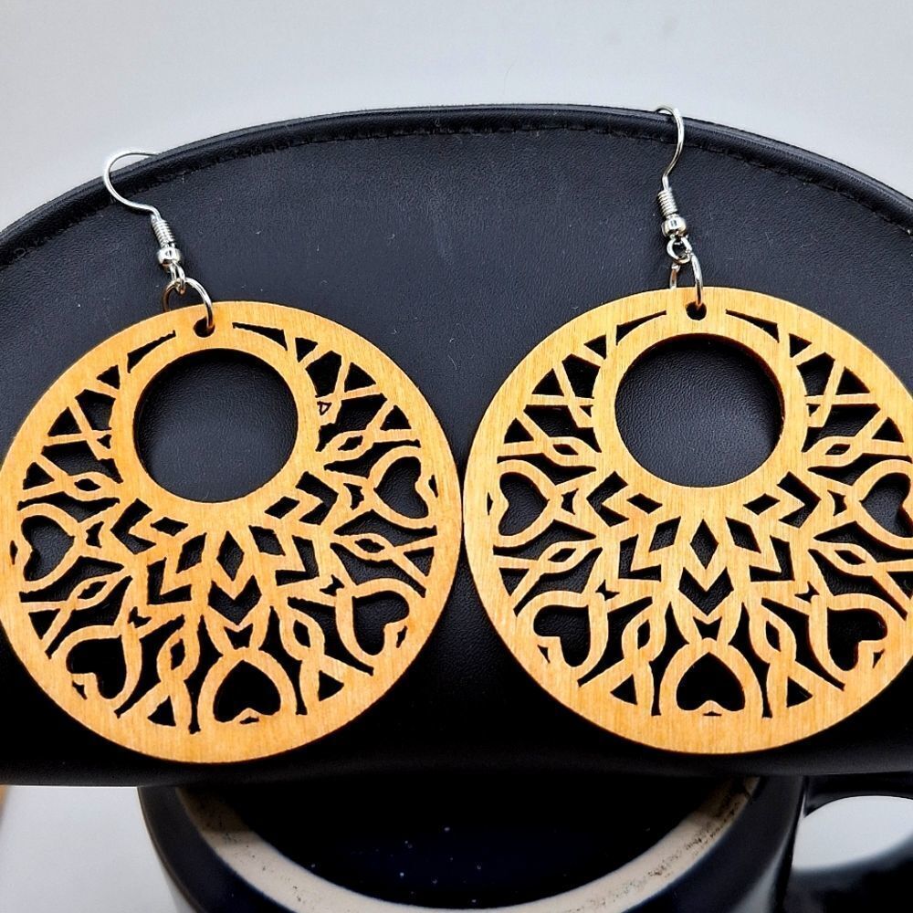 Round wood carved earrings